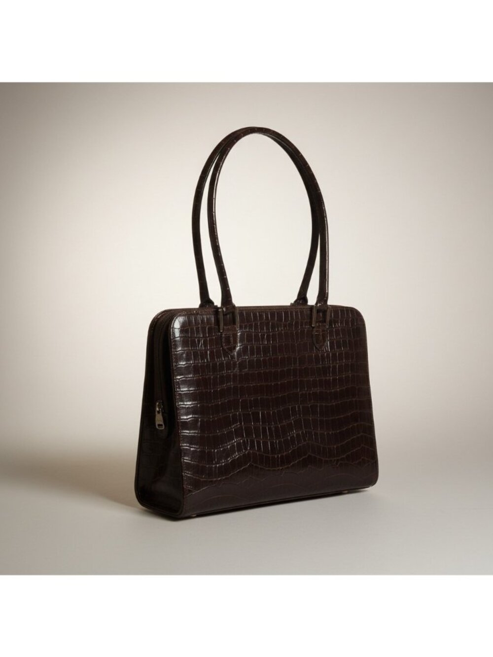 KAREN CALLAN DESIGNS LEATHER Messenger Bag Crocodile Embossed Hand Straps Brown - Picture 1 of 4